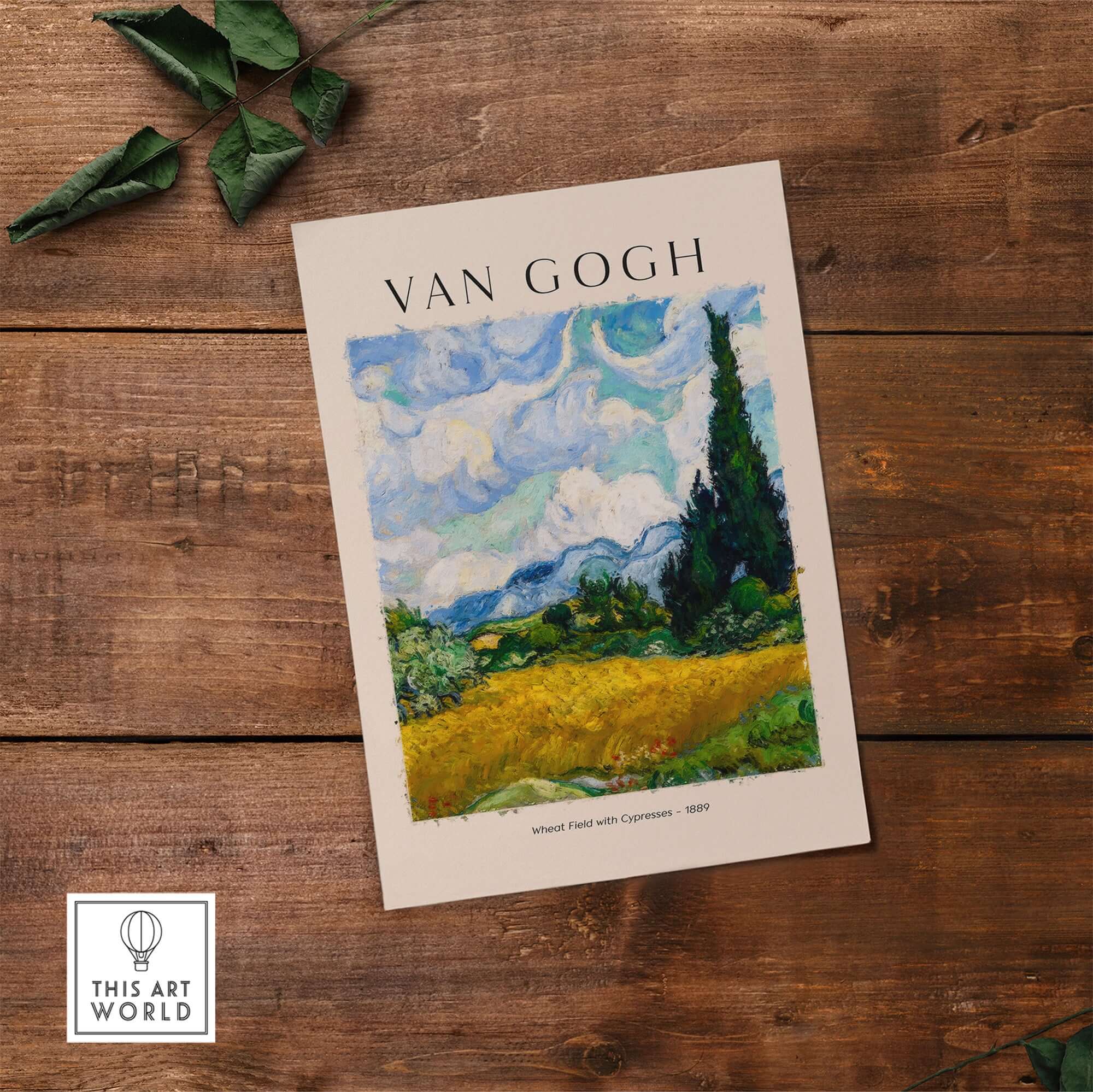 Vincent van Gogh Wheat Field with Cypresses 1889 Landscape Art Print Post Impressionist Poster on wooden table
