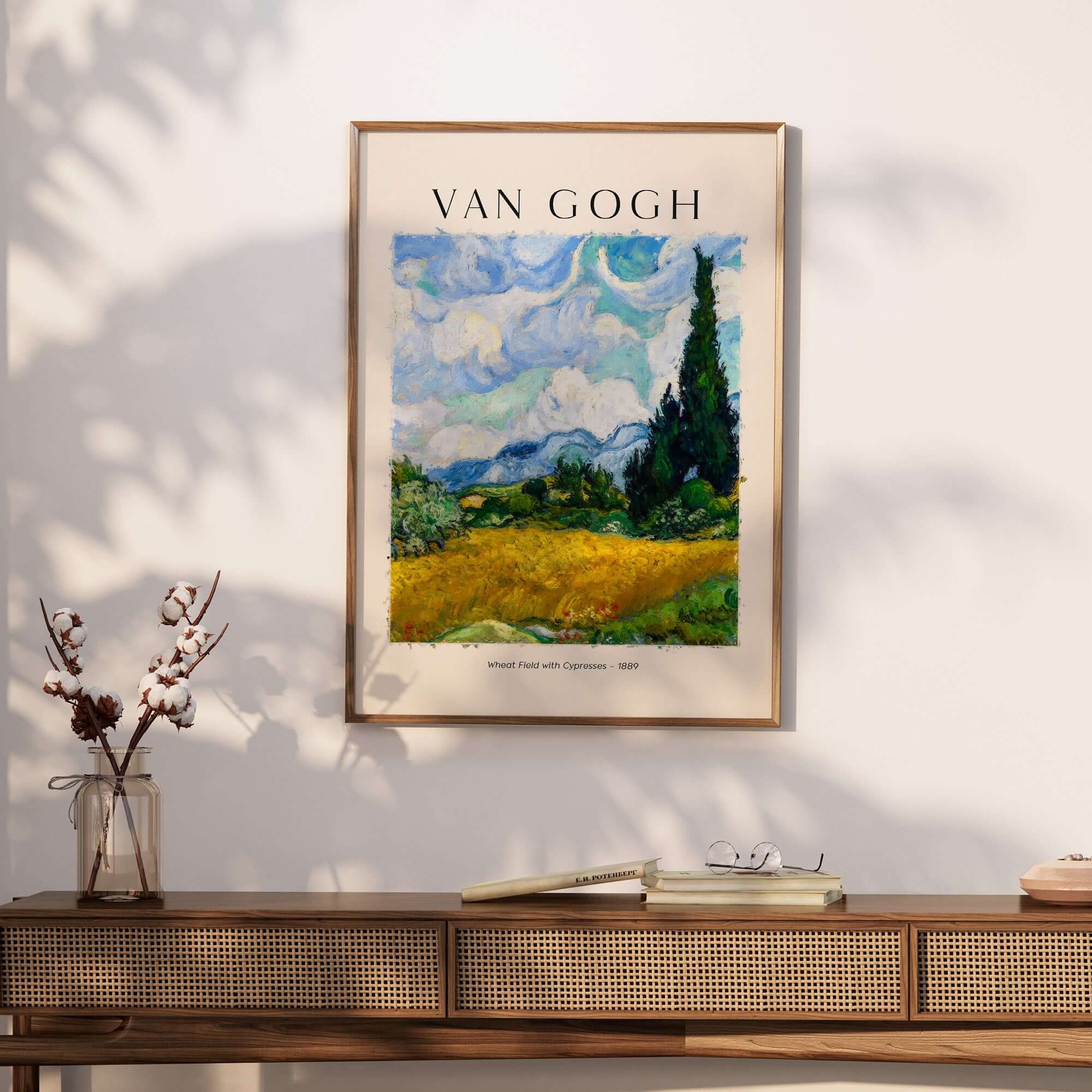 Vincent van Gogh Wheat Field with Cypresses 1889 Landscape Art Print Post Impressionist Poster displayed in a modern living room.