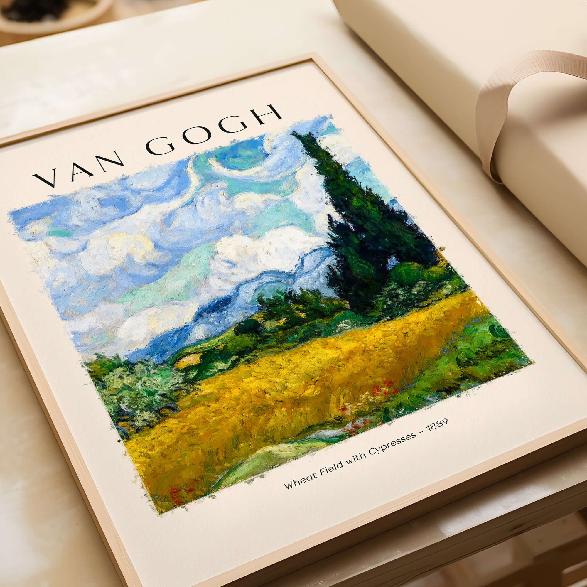 Vincent van Gogh Wheat Field with Cypresses 1889 Landscape Art Print Post Impressionist Poster framed in a modern setting.