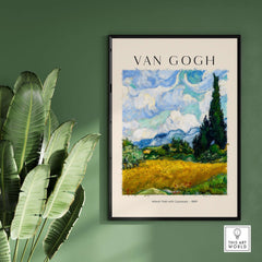 Vincent van Gogh Wheat Field with Cypresses 1889 Landscape Art Print Post Impressionist Poster in framed display.