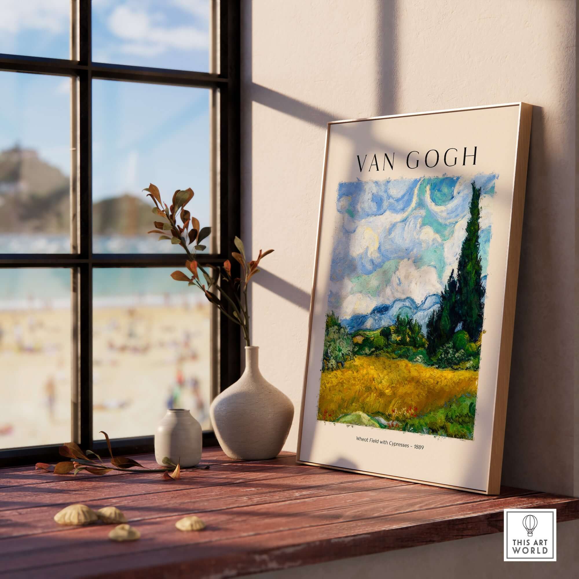 Vincent van Gogh Wheat Field with Cypresses 1889 Landscape Art Print Post Impressionist Poster displayed by a window.
