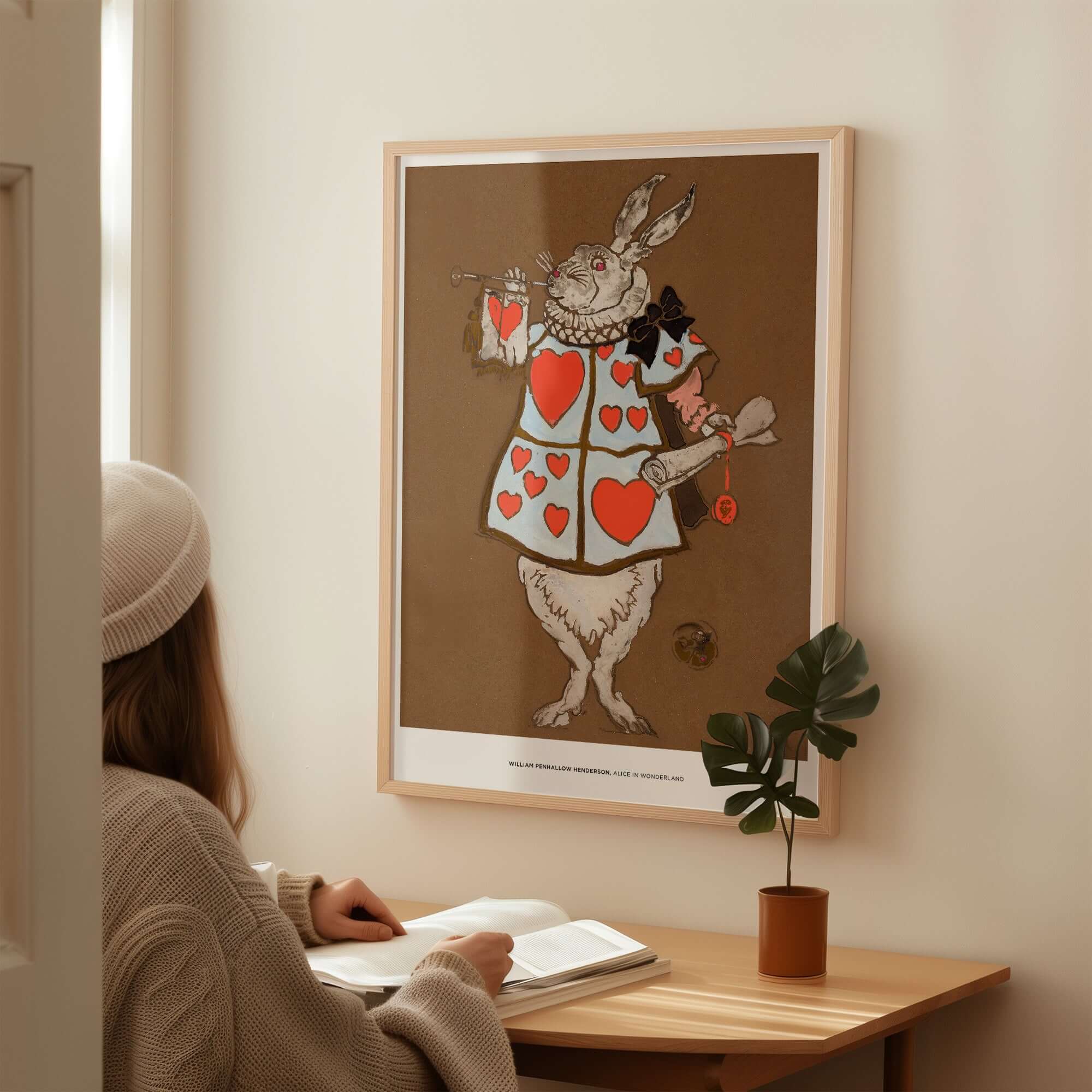Exhibition Art Print William Henderson White Rabbit Alice in Wonderland Vintage Poster viewed by a person at a desk.