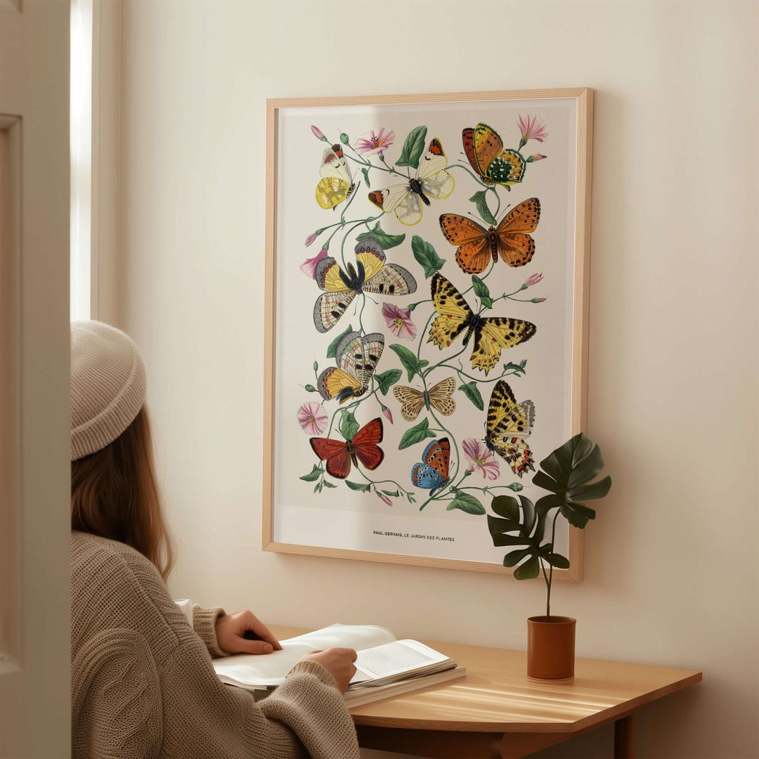 Exhibition art print by Paul Servais featuring colourful butterflies and flowers in a vintage botanical style.