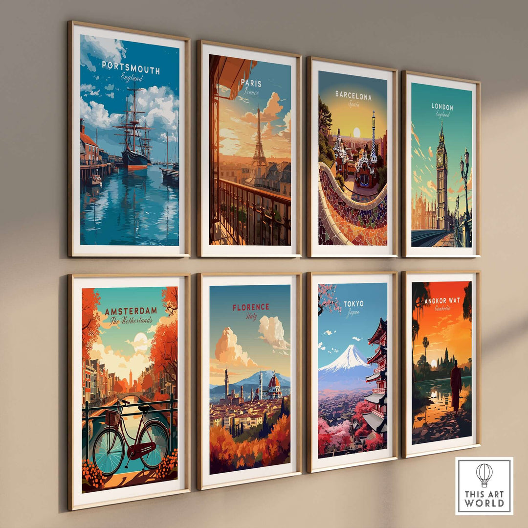 Portsmouth Victory Ship Harbour Print | Maritime History Wall Art displayed in a gallery of vibrant cityscape posters.