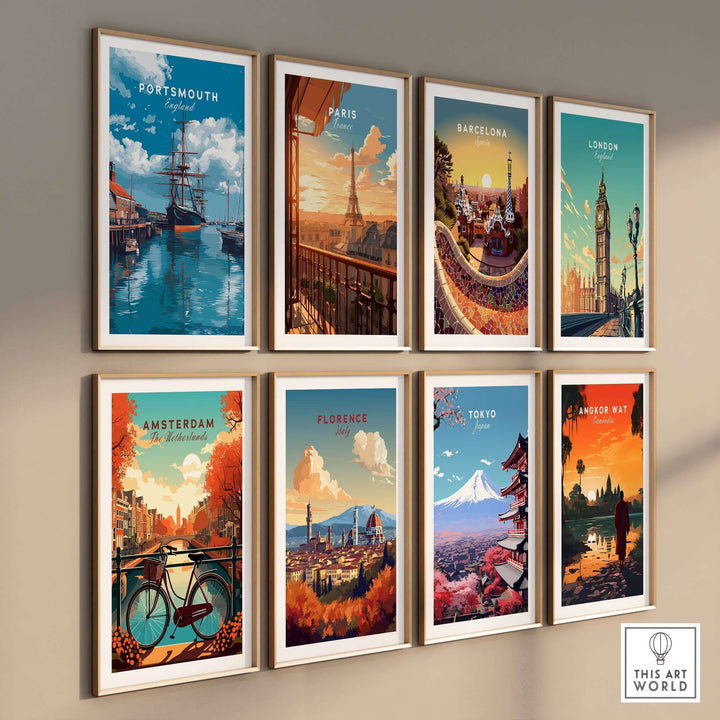 Portsmouth Victory Ship Harbour Print | Maritime History Wall Art displayed in a gallery of vibrant cityscape posters.