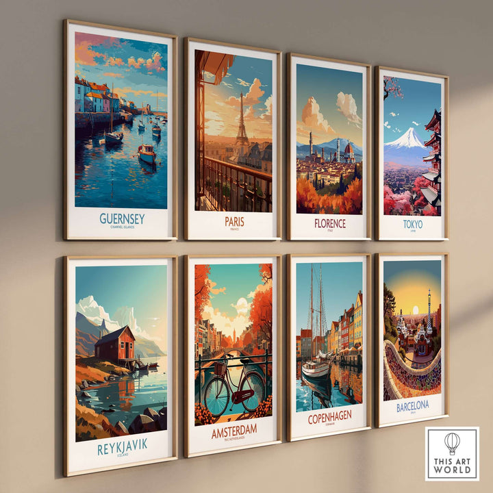 Guernsey Channel Islands Sunset Marina Art Print | Port Boat Reflections Poster displayed among vibrant city art prints.