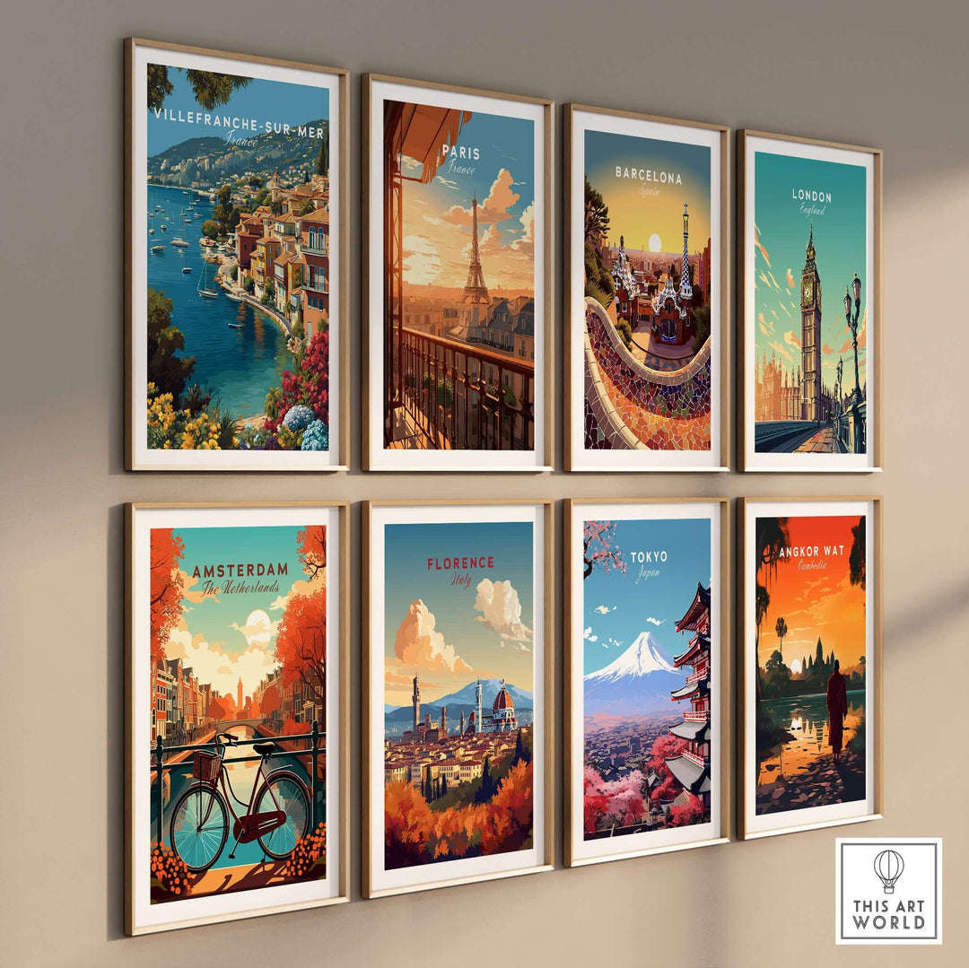 Gallery wall of vintage travel posters featuring Villefranche-sur-Mer, Paris, Barcelona, London, and more in vibrant colors.