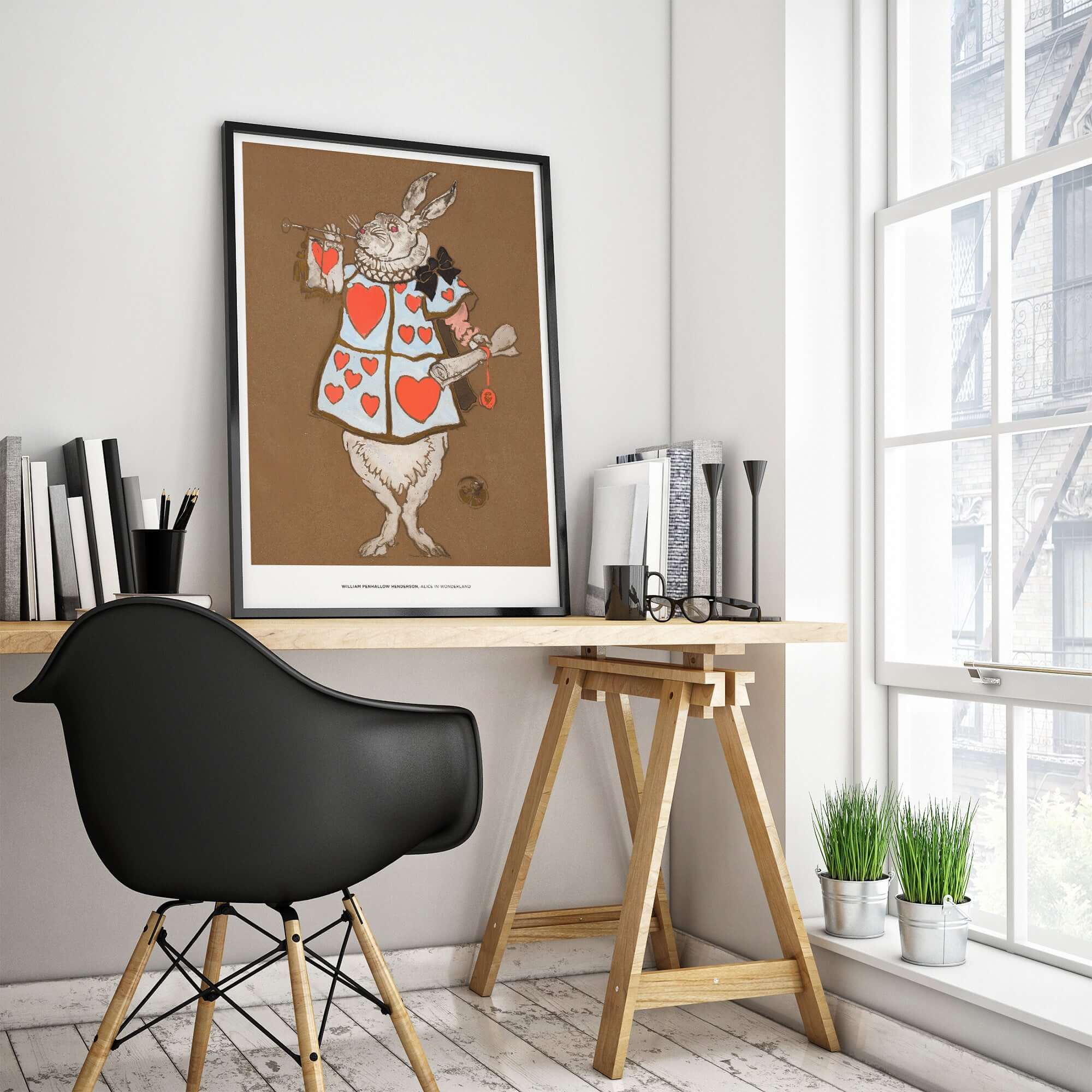 Exhibition Art Print William Henderson White Rabbit Alice in Wonderland Vintage Poster showcased in a modern workspace.