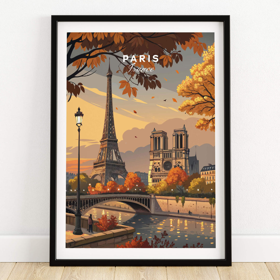 Paris Fall Cityscape Vintage Style Print | French Travel Wall Decor featuring Eiffel Tower and Notre Dame in autumn.