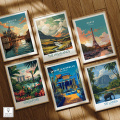 Jardim Majorelle Marrakech Wall Art Print | Moroccan Garden Travel Posters alongside travel posters from Venice, Paris, Singapore, and Sri Lanka.
