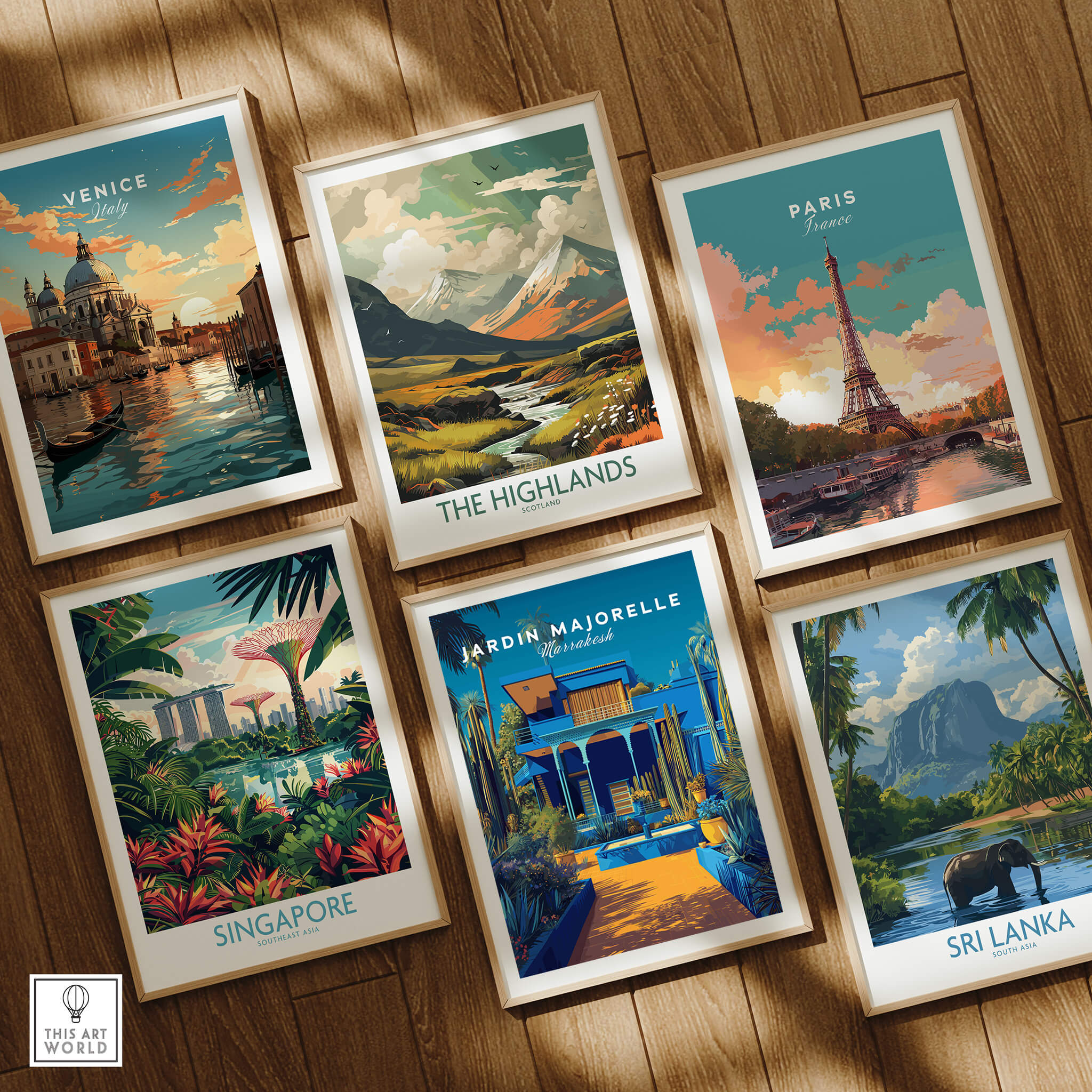 Jardim Majorelle Marrakech Wall Art Print | Moroccan Garden Travel Posters alongside travel posters from Venice, Paris, Singapore, and Sri Lanka.