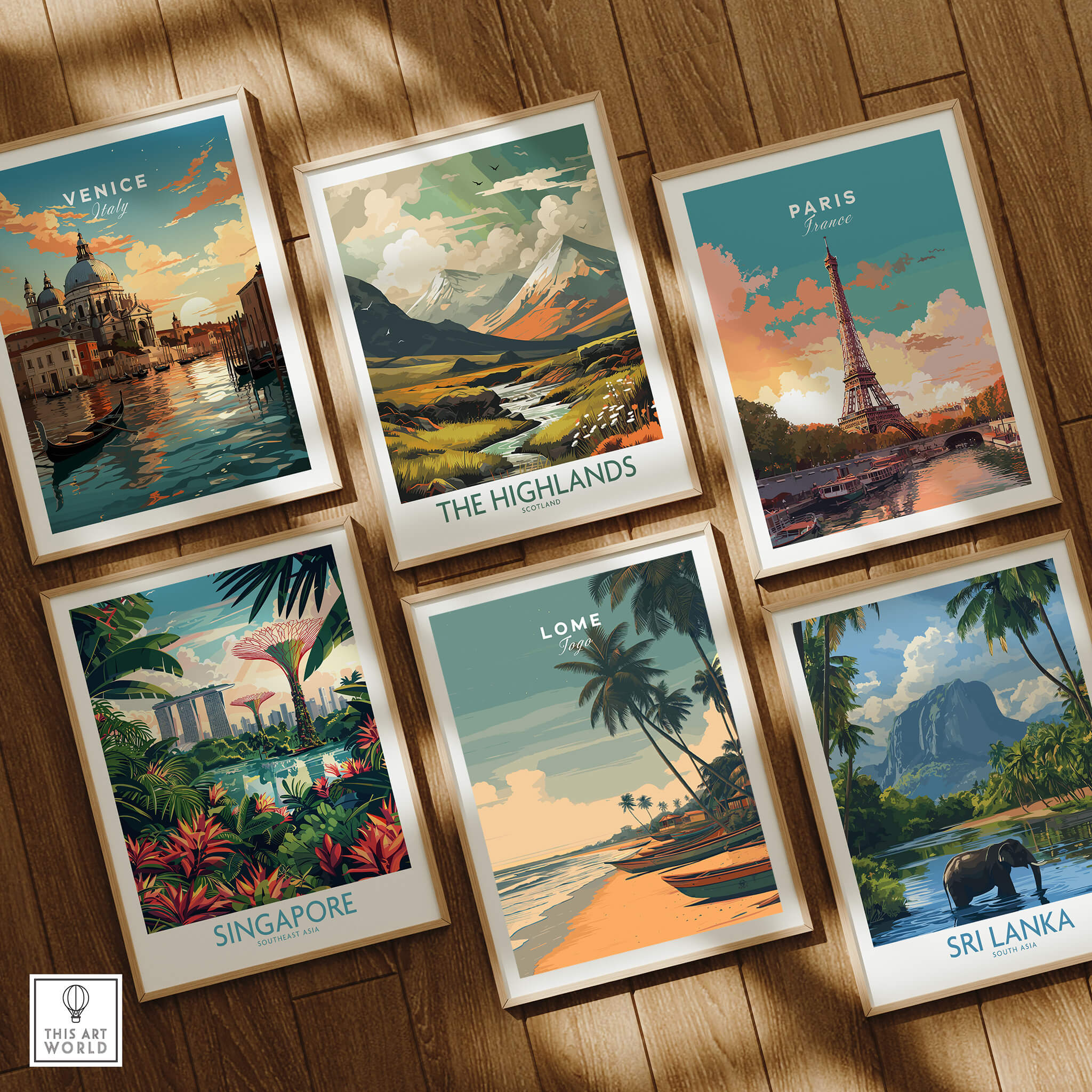 Lomé Togo Travel Poster | Sunset Shoreline Wall Art Print displayed alongside other travel posters.