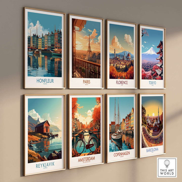 Gallery of vintage travel posters including Honfleur, Paris, Florence, and Tokyo featuring scenic city views.