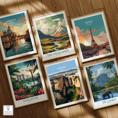 Ronda Spain Wall Art Print | Panoramic Andalusian Cityscape Travel Poster displayed among other travel posters.