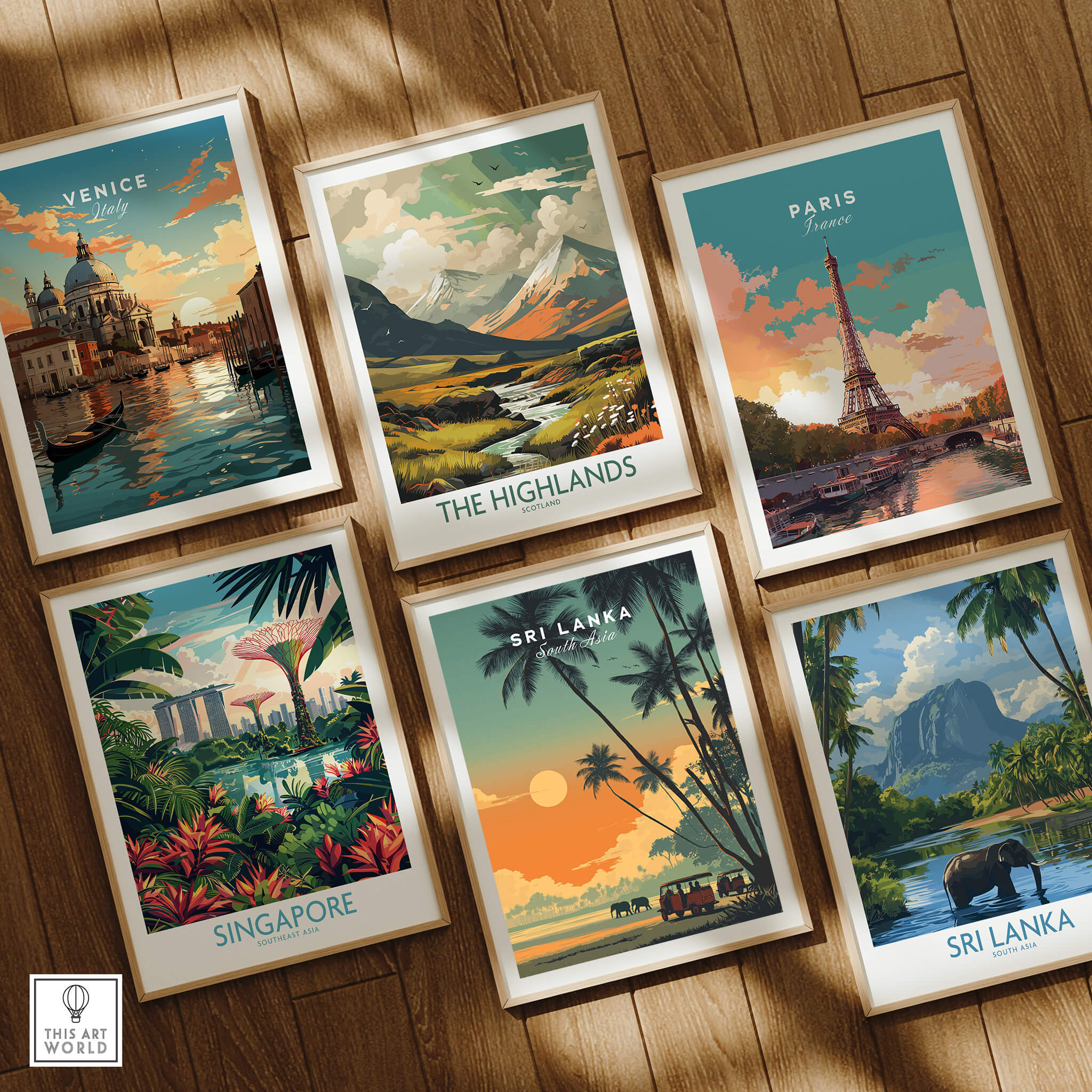 Sri Lanka Wall Art Print | Elephant Safari Sunset Travel Poster displayed among other travel posters.