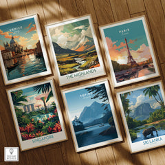 Tofino Canada Wall Art Print | Wilderness Lake and Mountain Travel Poster displayed among other travel posters