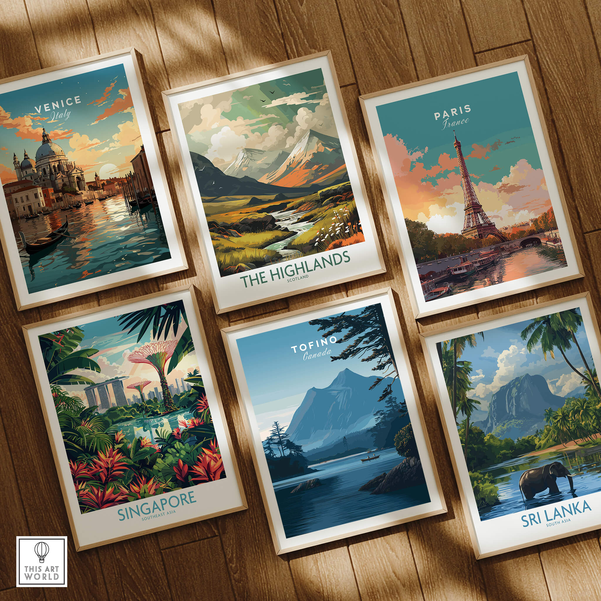 Tofino Canada Wall Art Print | Wilderness Lake and Mountain Travel Poster displayed among other travel posters