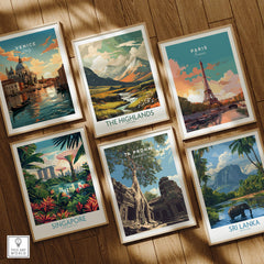 Ta Prohm Wall Art Cambodia Print | Historic Khmer Temple Ruins Travel Poster collection of travel posters displayed in frames.