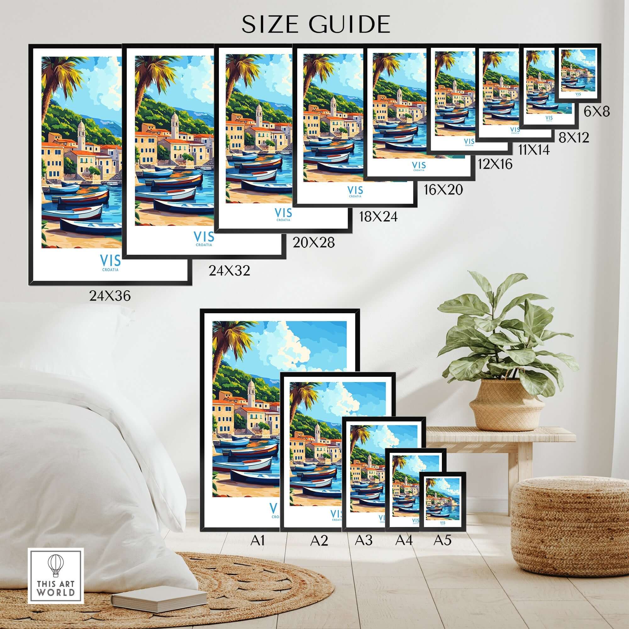 Vis Travel Poster Croatia size guide displaying various print sizes and the beautiful island of Vis.