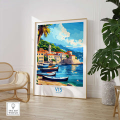 Vis Travel Poster Croatia showcasing beautiful views of the island of Vis with vibrant colors and scenic landscapes.