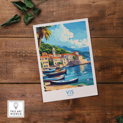 Vis Travel Poster Croatia showcasing beautiful coastal scenery and boats in Vis, Croatia.