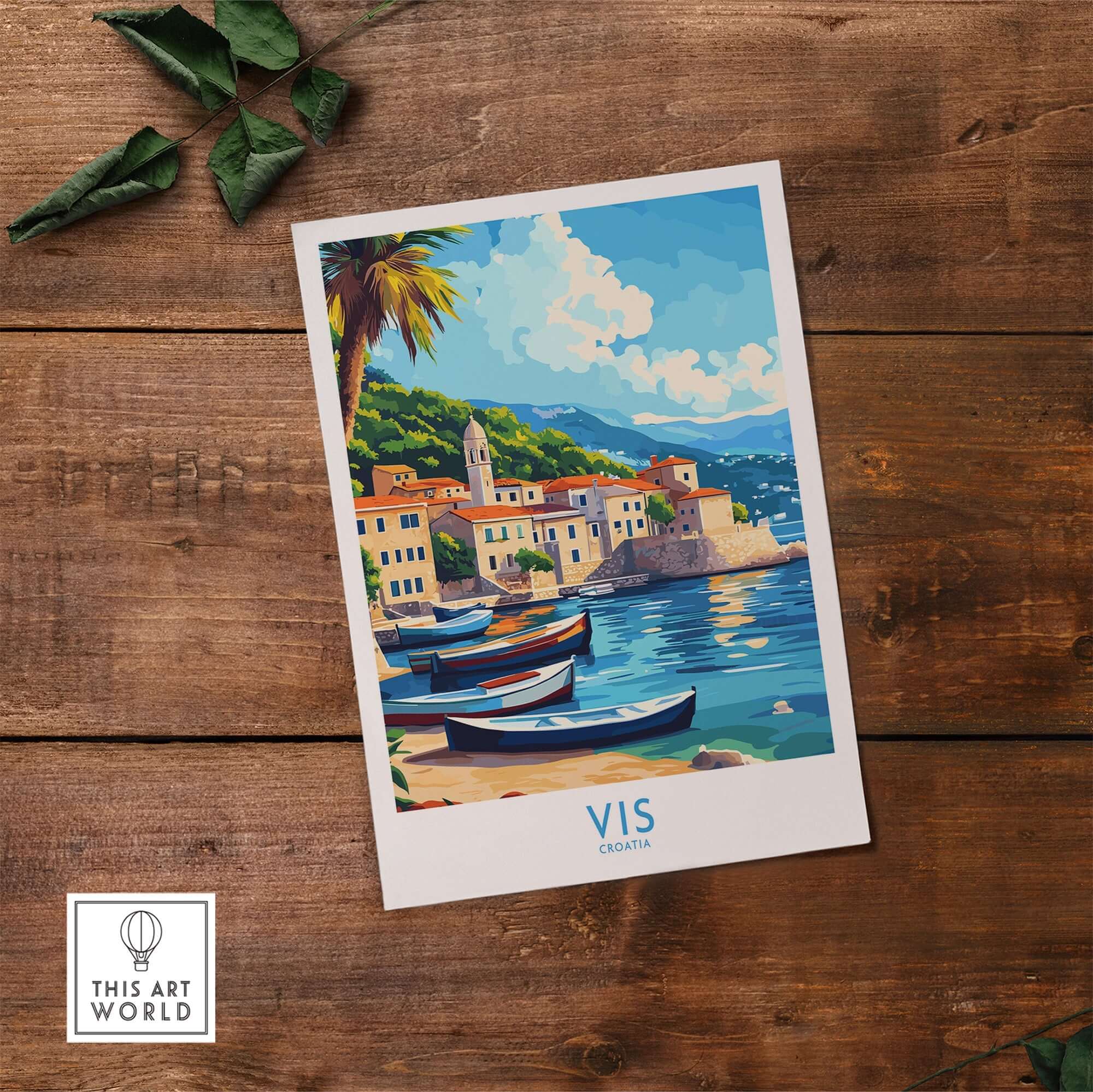 Vis Travel Poster Croatia showcasing beautiful coastal scenery and boats in Vis, Croatia.