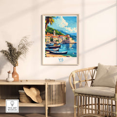 Vis Travel Poster Croatia showcasing the charming village and boats on the island of Vis in a home decor setting.