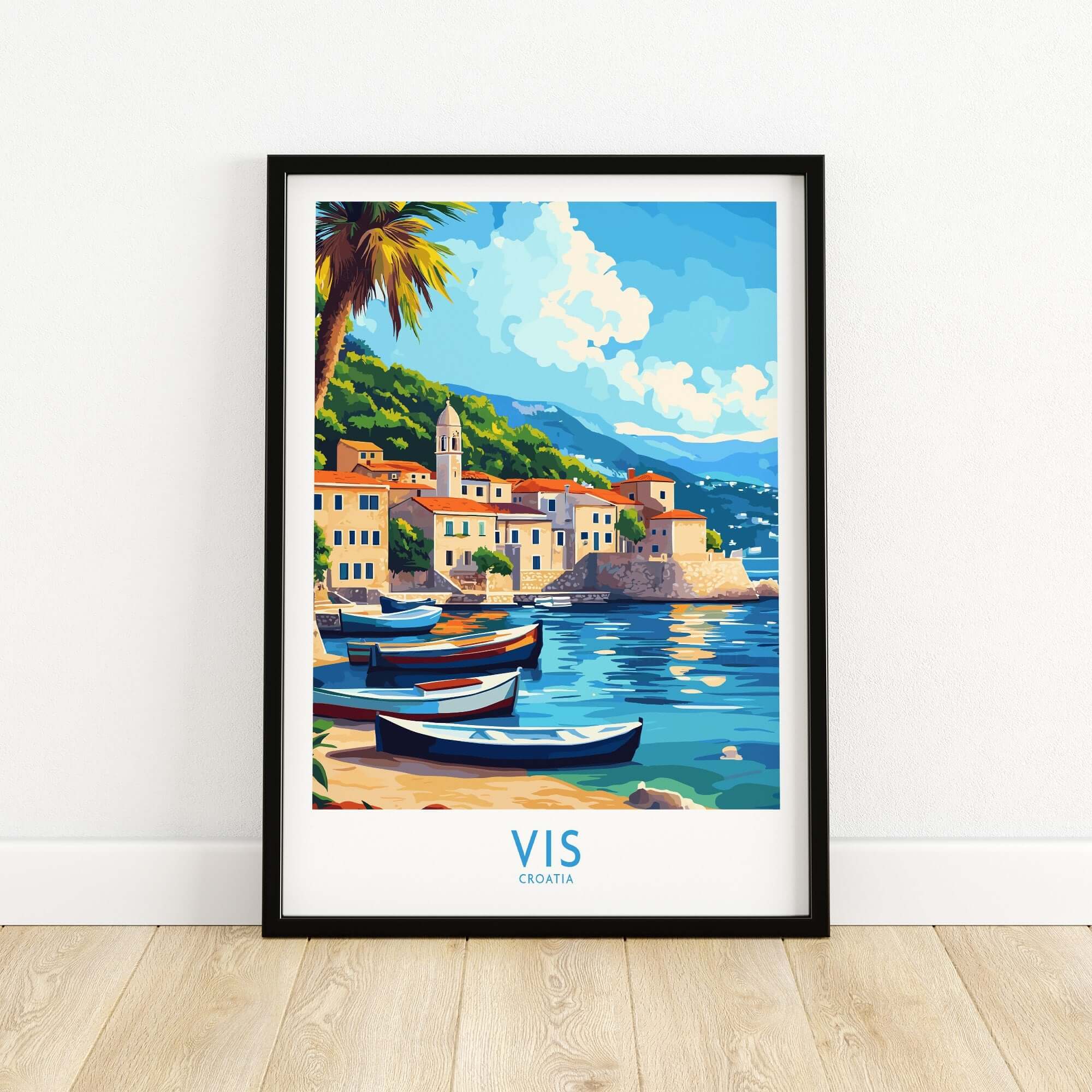 Vis Travel Poster Croatia showcasing the beautiful waterfront and boats of the island of Vis.