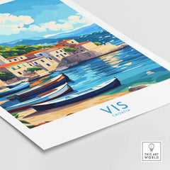 Vis Travel Poster Croatia showcasing scenic views of boats and coastal architecture.