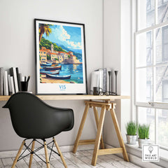 Vis Travel Poster Croatia displayed in a bright room with a black desk and plants, inspiring your next travel adventure.