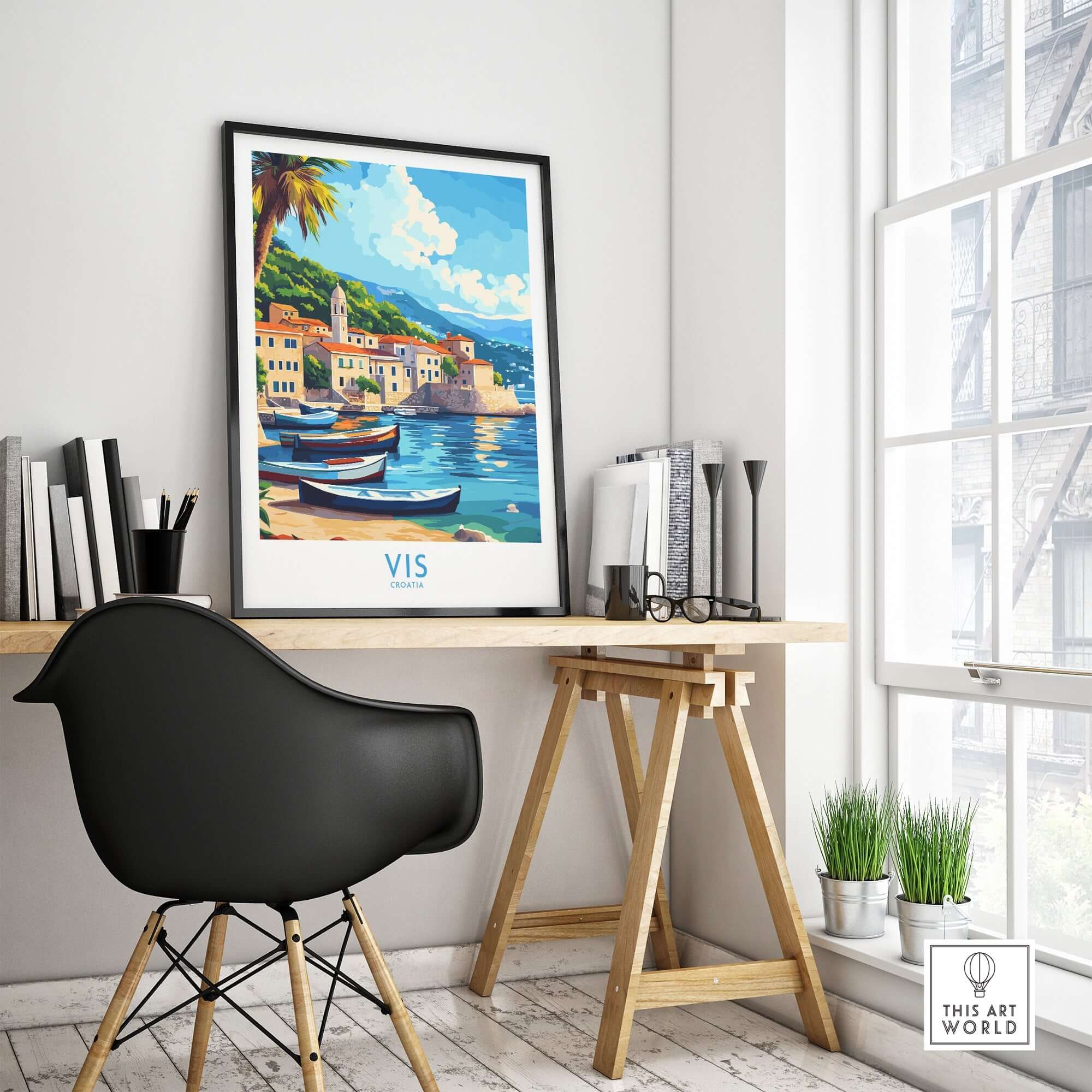 Vis Travel Poster Croatia displayed in a bright room with a black desk and plants, inspiring your next travel adventure.