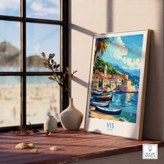 Vis Travel Poster Croatia showcasing beautiful island scenery by the beach with boats in the foreground.