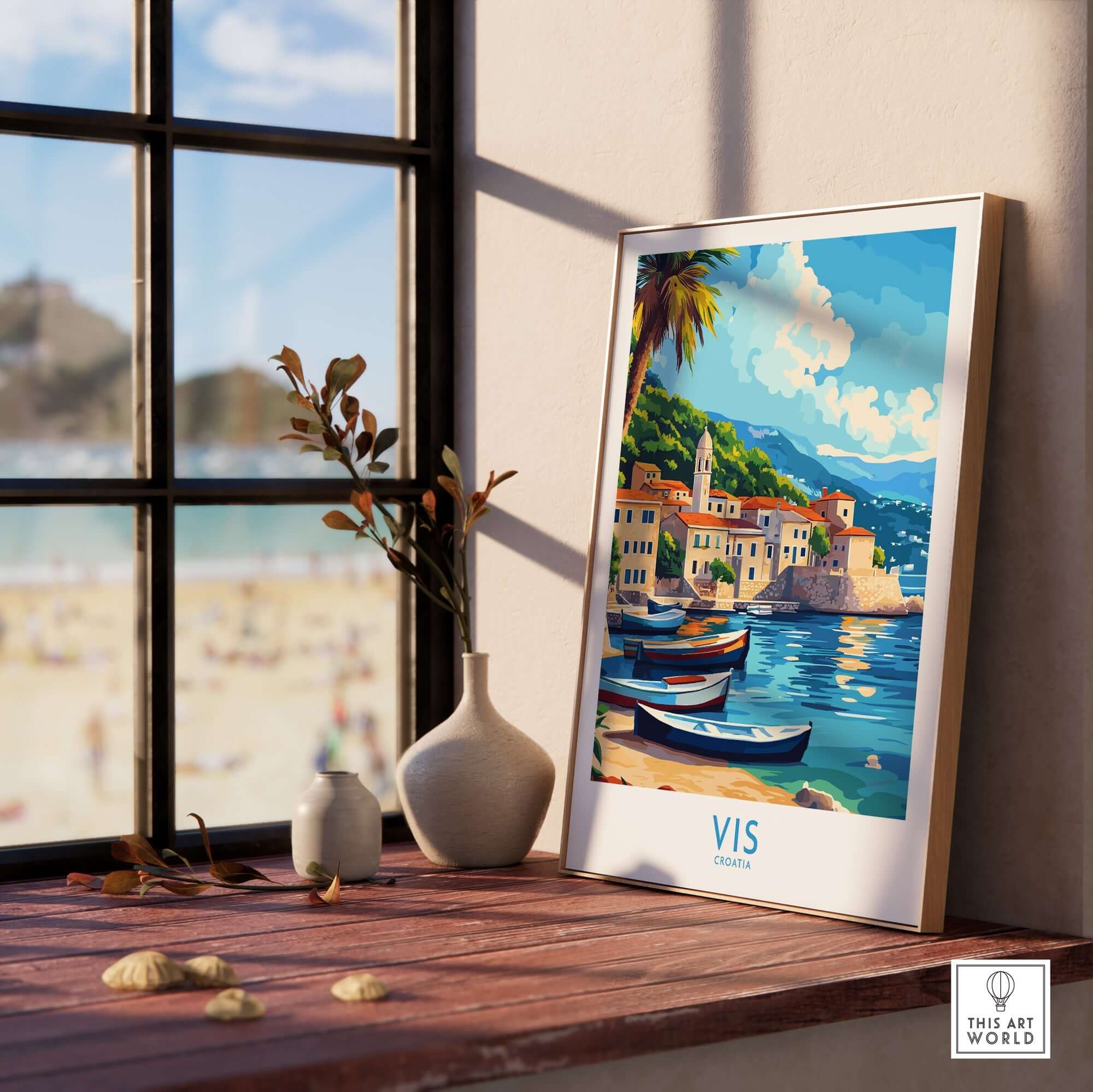 Vis Travel Poster Croatia showcasing beautiful island scenery by the beach with boats in the foreground.