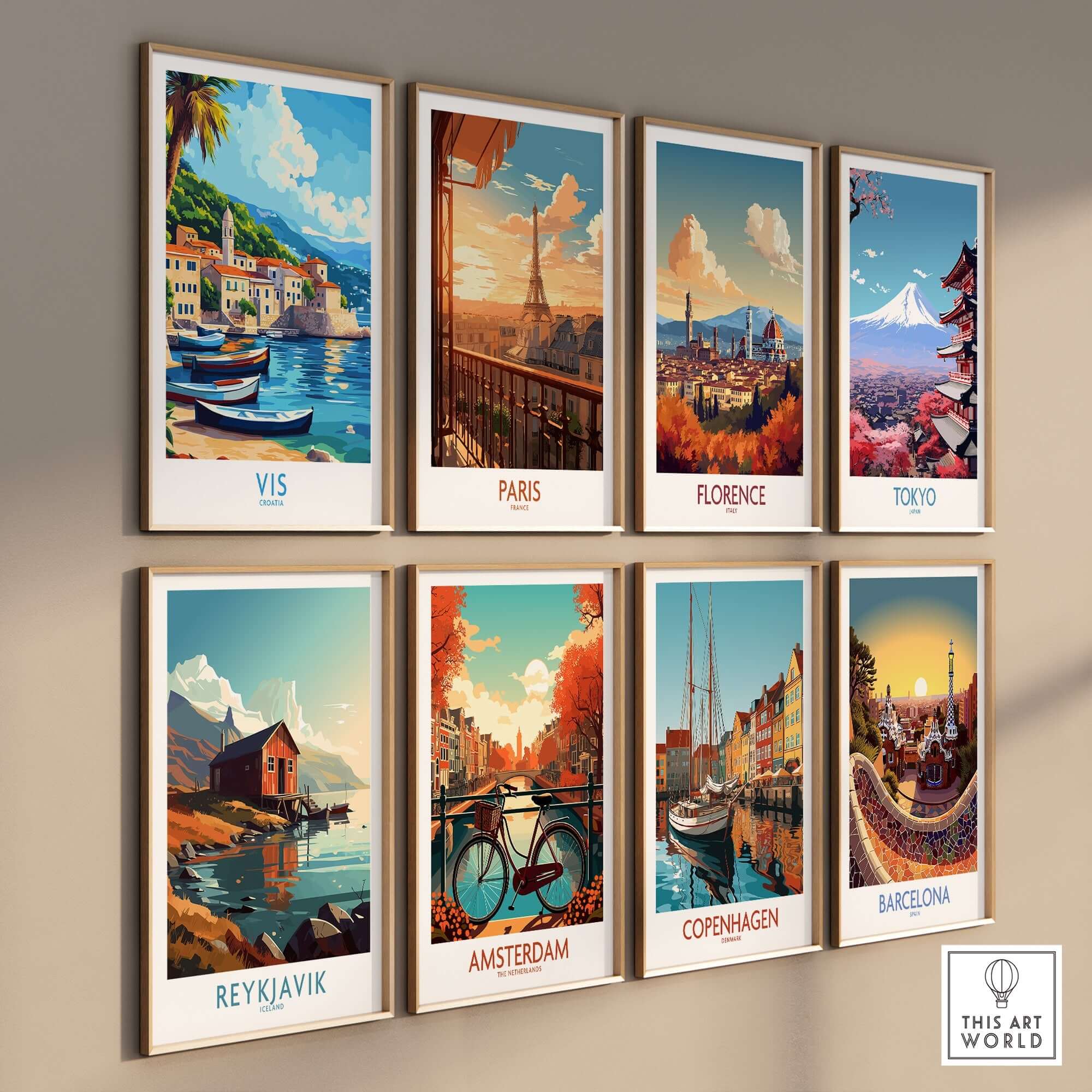 Vis Travel Poster Croatia displayed among other iconic travel posters.