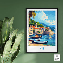Vis Travel Poster Croatia showcasing the picturesque island, vibrant colors, and tranquil waters for travel inspiration.