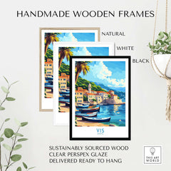 Vis Travel Poster Croatia in handmade wooden frames available in natural, white, and black finishes.