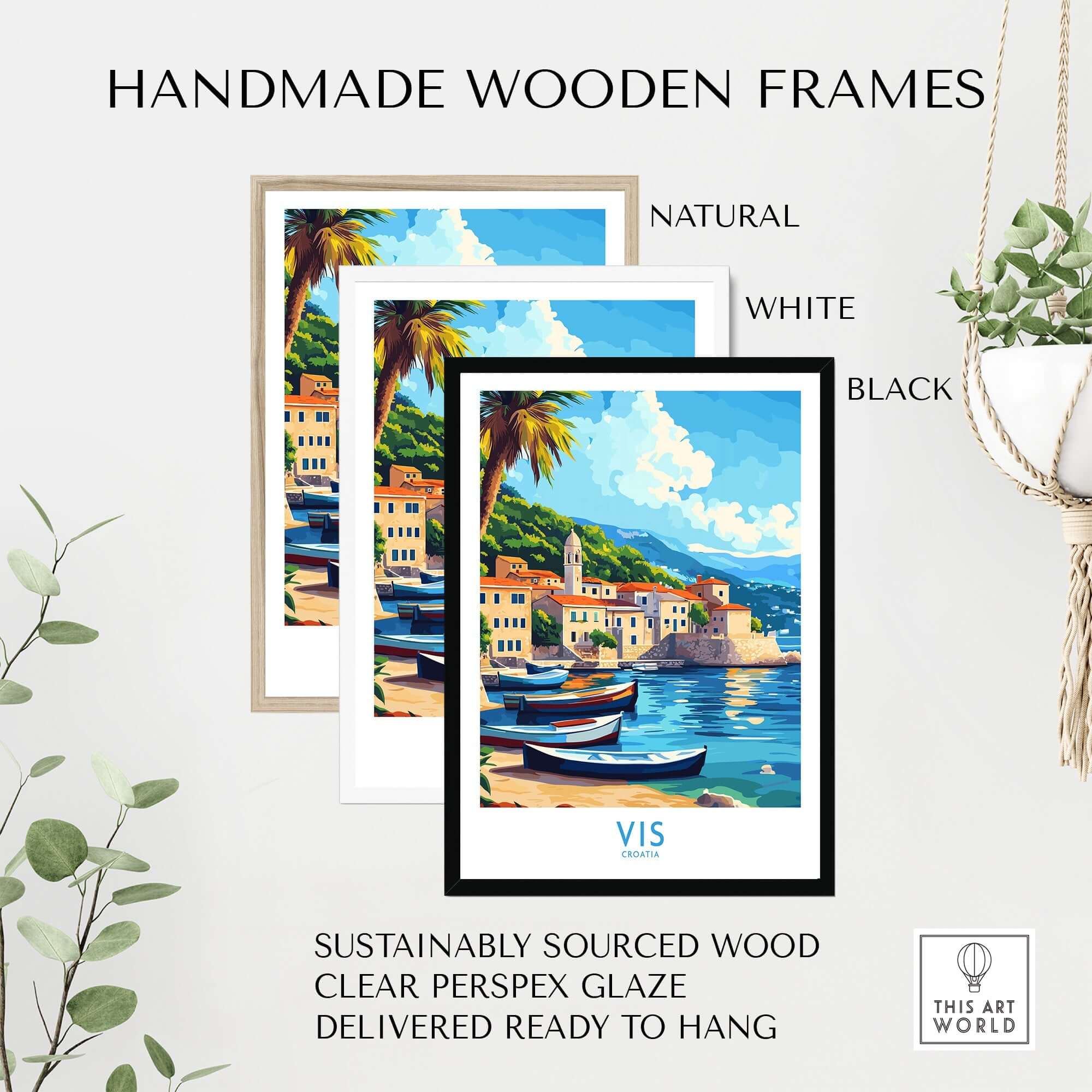 Vis Travel Poster Croatia in handmade wooden frames available in natural, white, and black finishes.