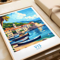 Vis Travel Poster Croatia showcasing a vibrant coastal scene with boats and charming architecture in Croatia.