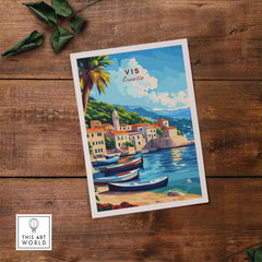 Vis Travel Print Croatia showcasing a vibrant coastal scene with boats and charming buildings.