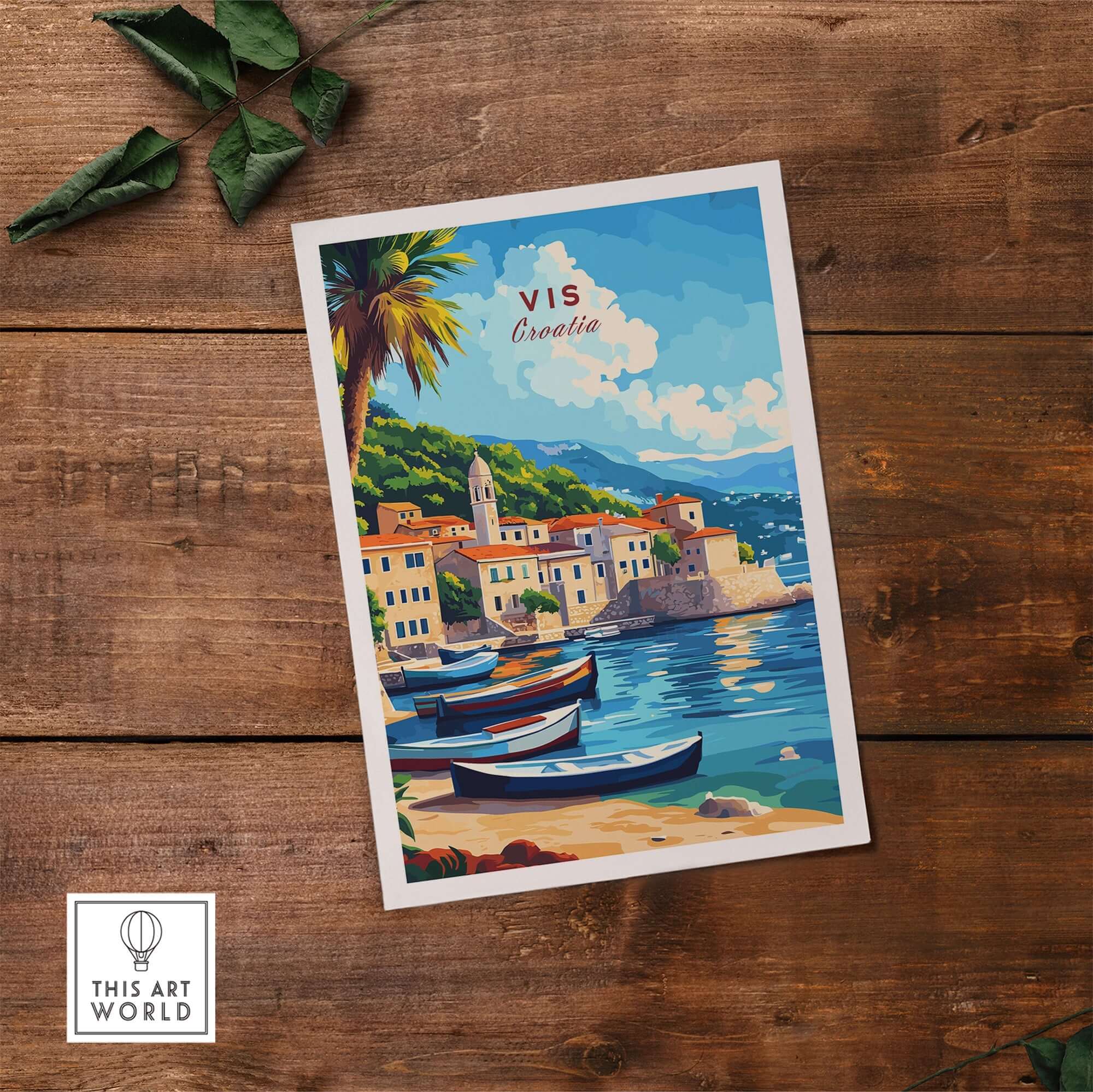 Vis Travel Print Croatia showcasing a vibrant coastal scene with boats and charming buildings.