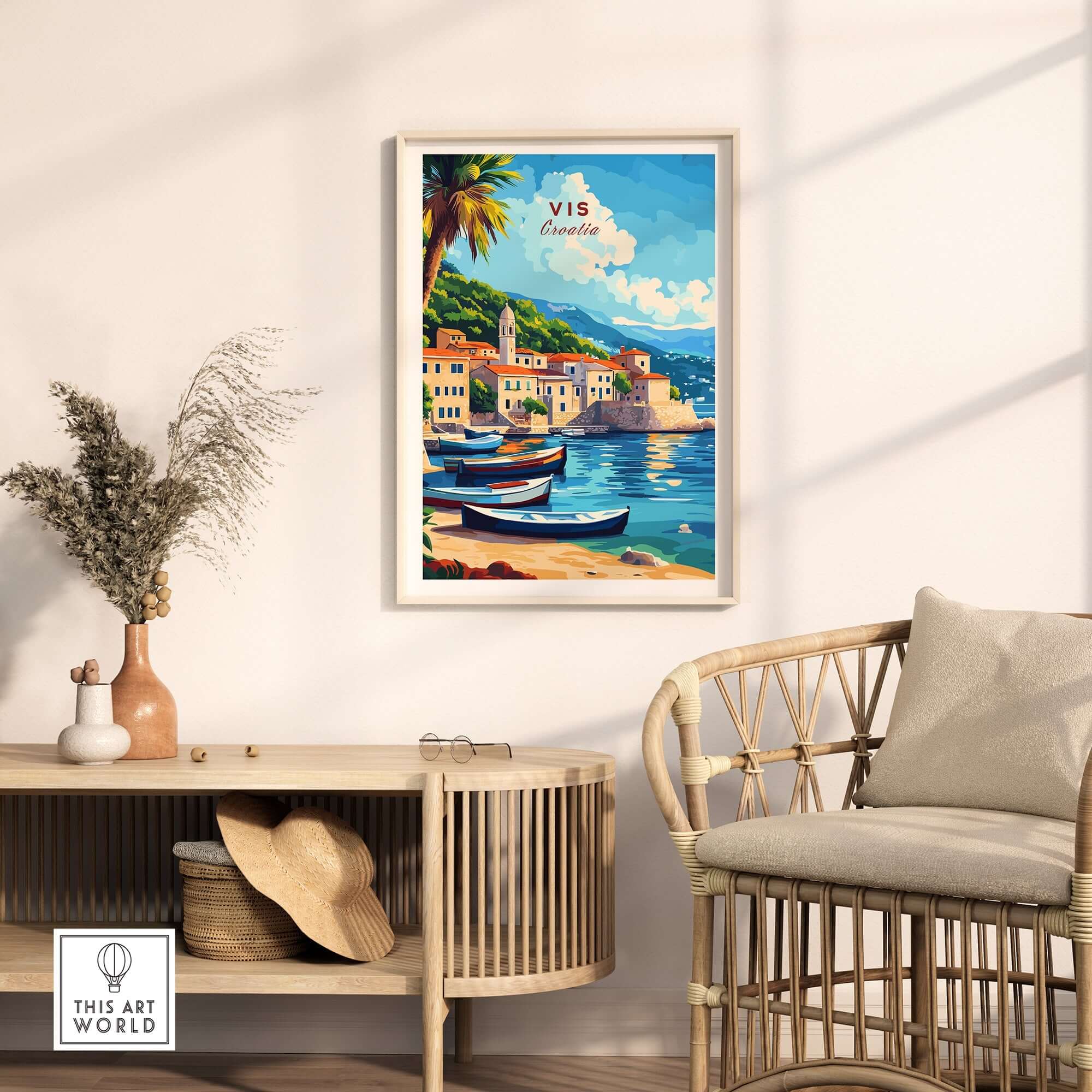 Vis Travel Print Croatia displayed in a stylish living room setting with boats by the waterfront.