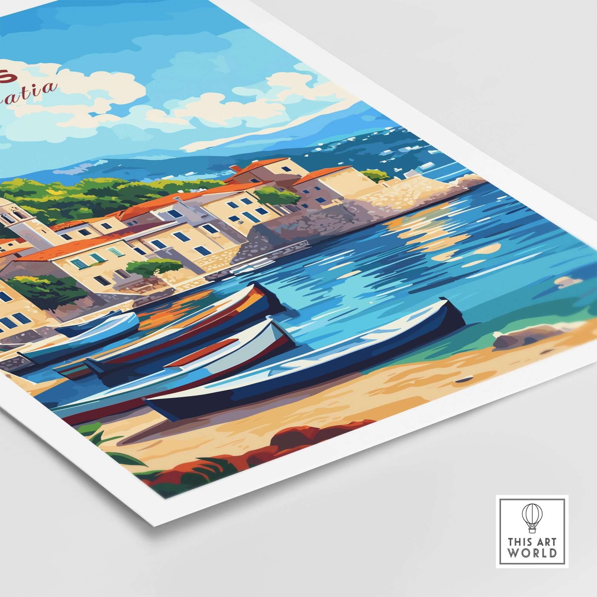 Vis Travel Print Croatia showcasing scenic coastal views and boats along the shore.