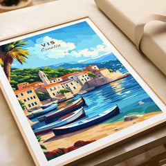Vis Travel Print Croatia showcasing a picturesque coastal scene with boats and vibrant colors.