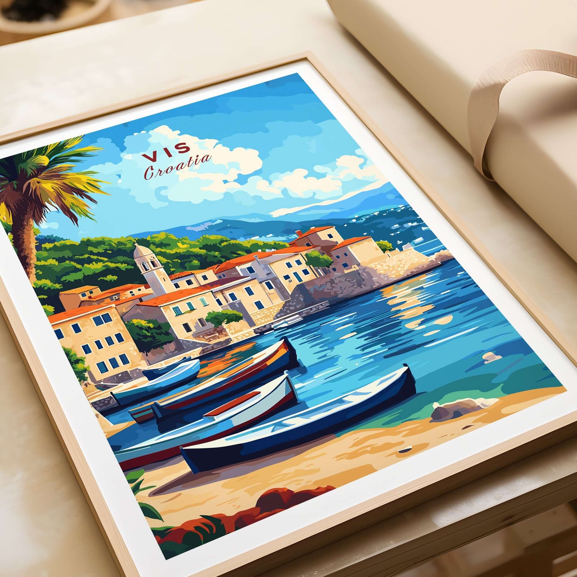 Vis Travel Print Croatia showcasing a picturesque coastal scene with boats and vibrant colors.