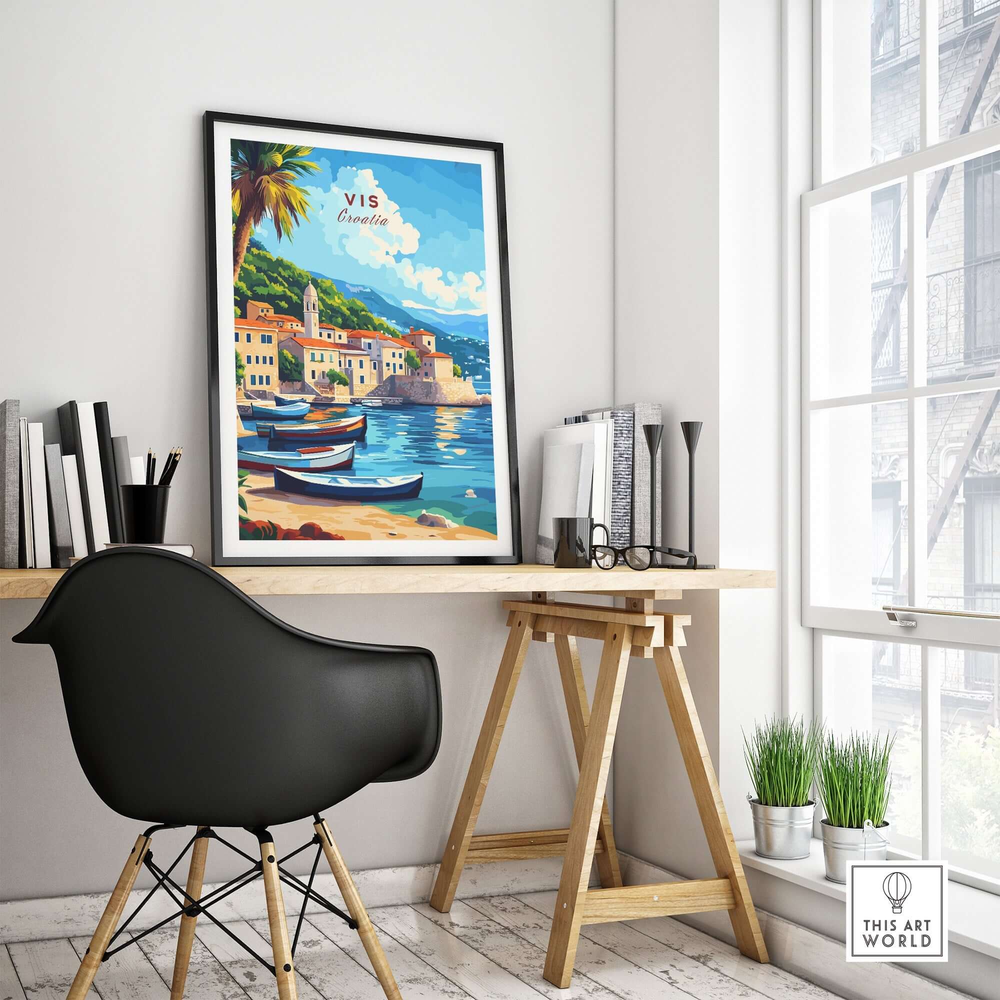 Vis Travel Print Croatia displayed as wall art in a stylish home office setting.