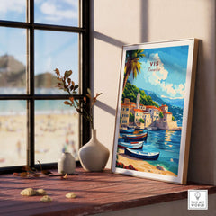 Vis Travel Print Croatia showcased in a cozy room with boats and a scenic beach view.