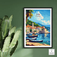 Vis Travel Print Croatia showcasing a beautiful coastal scene with colorful boats and picturesque buildings.