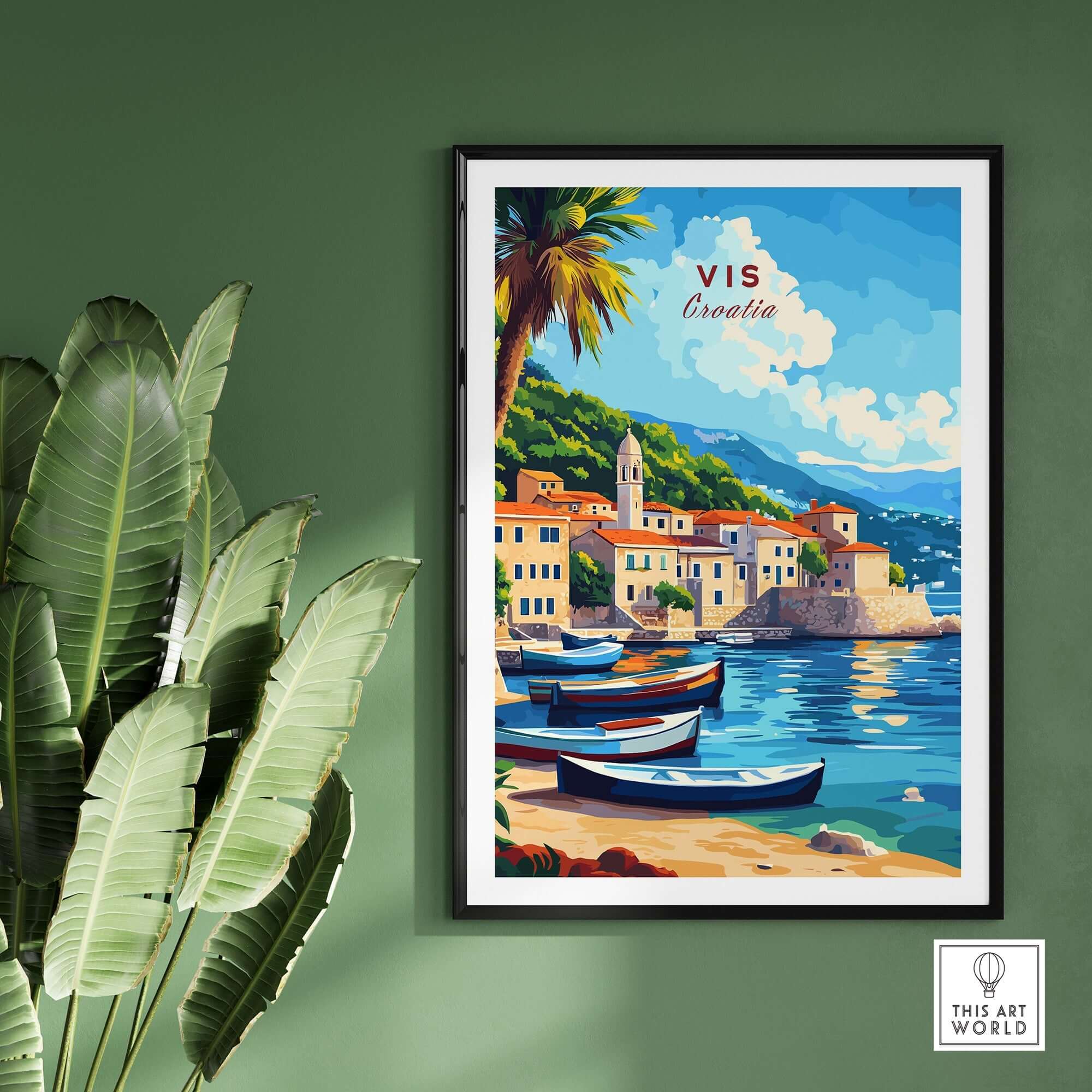 Vis Travel Print Croatia showcasing a beautiful coastal scene with colorful boats and picturesque buildings.