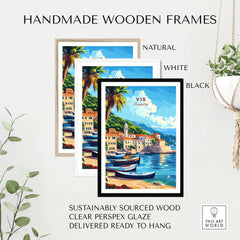 Vis Travel Print Croatia in handmade wooden frames showcasing natural, white, and black options.