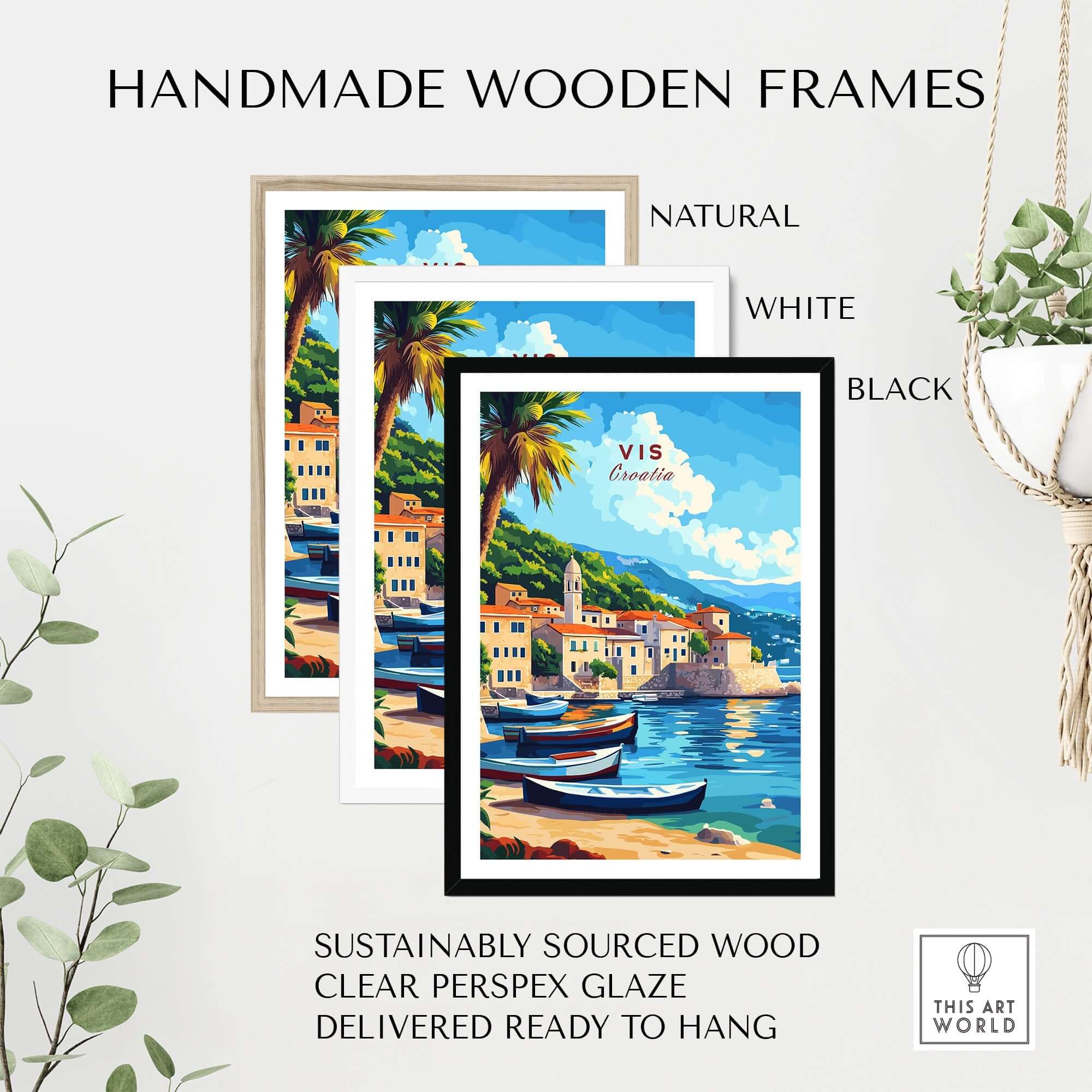 Vis Travel Print Croatia in handmade wooden frames showcasing natural, white, and black options.